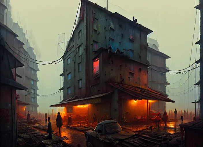 Image similar to waiting in line for cold soup by simon stalenhag and gil elvgren and tom bagshaw and marc simonetti and jan miense molenaer, slums, highly detailed, hyperrealism, dreary, cold, cloudy, grey, smog, high contrast, smogpunk, atompunk, high saturation, intricate complexity