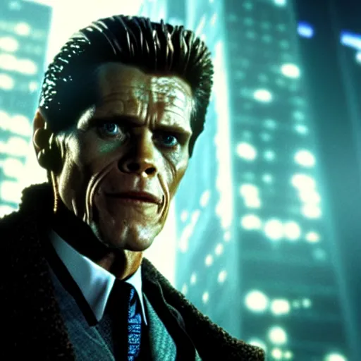 Prompt: william dafoe starring in a cyberpunk story in a distopic futuristic city in the style of bladerunner, movie still, highly detailed