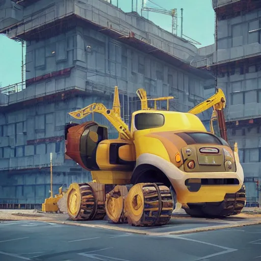 Image similar to friendly looking construction robot truck waiting at a construction site : : by beeple and james gilleard and justin gerard : :, centered, artstation, smooth, sharp focus, photoreal octane render, 3 d, by jean - baptiste monge!!!!!!!