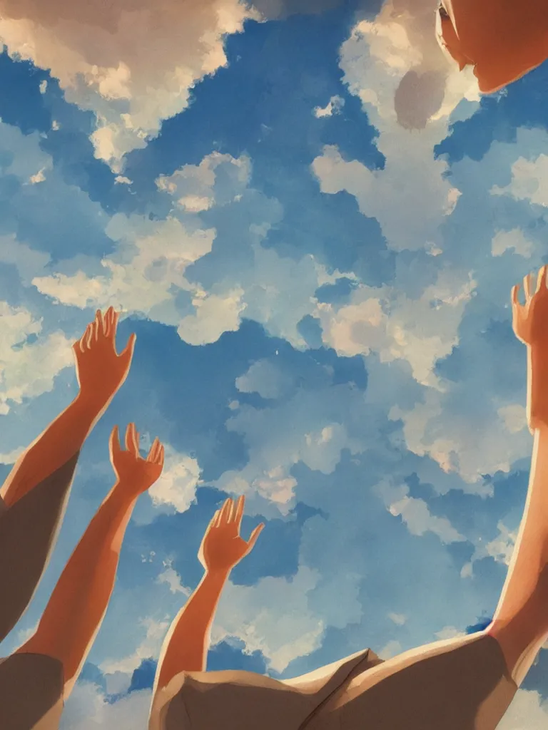 Image similar to raising hands to the sky, by disney concept artists, blunt borders, rule of thirds, beautiful light