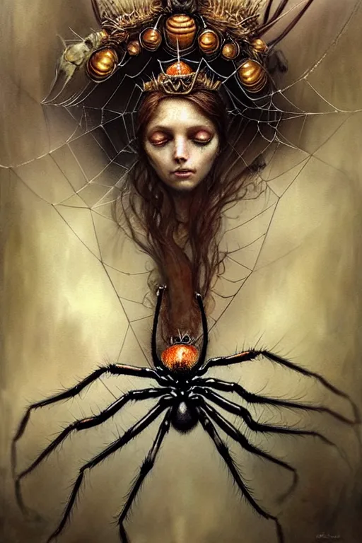 Image similar to spider queen | esoteric symbolism | jean - baptiste monge, esao andrews, bastien lecouffe - deharme, tim jacobus, ken currie | ultra - detailed realism, soft cinematic lighting, hi - fructose, artstation, high - quality, ink watercolors wes anderson poster art