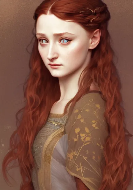 Image similar to portrait of little sansa stark, intricate, elegant, highly detailed, digital painting, artstation, concept art, smooth, sharp focus, illustration, art by artgerm and greg rutkowski and alphonse mucha and william - adolphe bouguereau