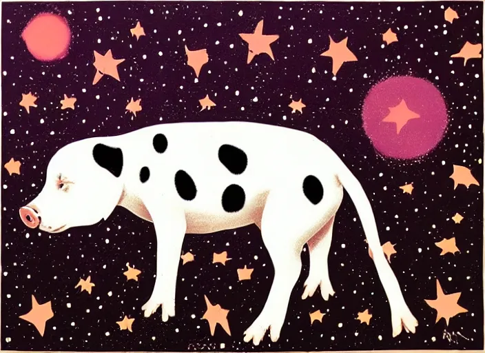 Prompt: portrait of a dalmatian piglet surrounded by stars. silkscreen painting on paper