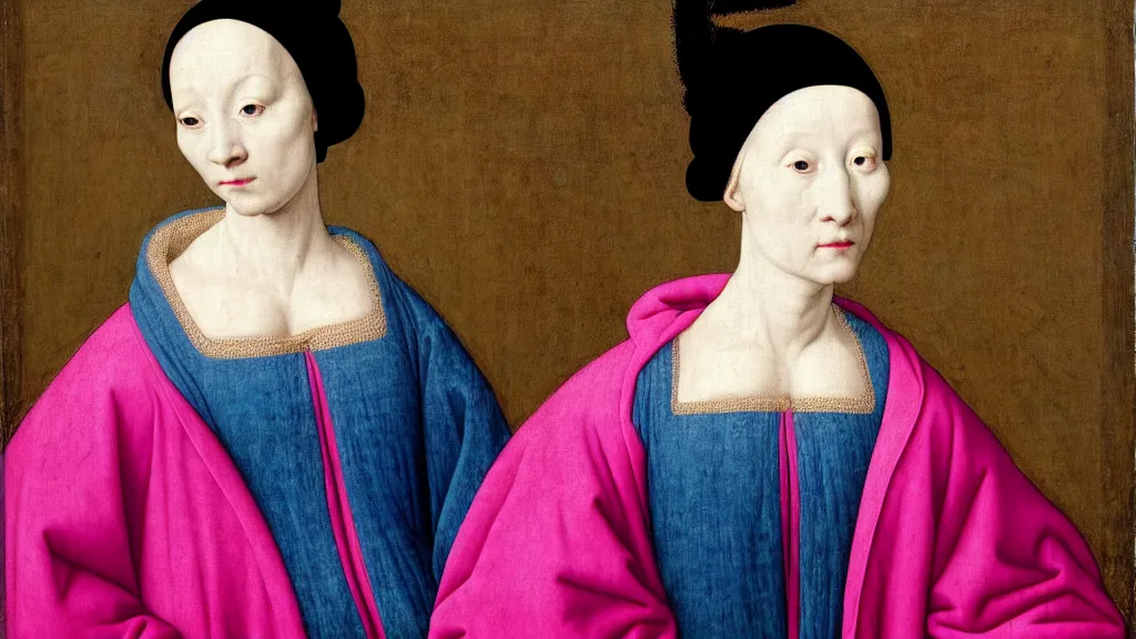 Prompt: portrait of a pale woman with blue hair buns, wearing a pink hoodie, intricate details, high detail, black background, in a high renaissance style, in the style of jan van eyck, punk, asian art,