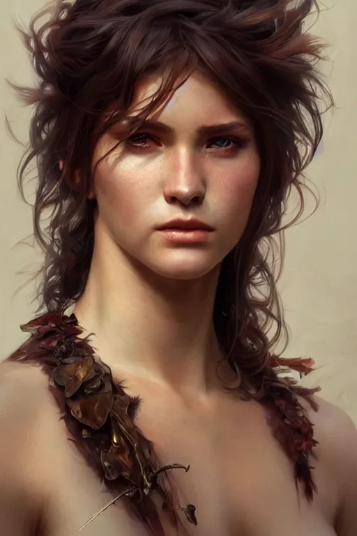 Image similar to photorealistic portrait of a young butch fae woman, handsome, female, masculine, upper body, fantasy, fierce, sharp features, intricate, elegant, highly detailed, digital painting, artstation, concept art, matte, sharp focus, illustration, art by artgerm and greg rutkowski and alphonse mucha