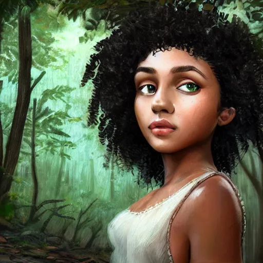 Image similar to A brown girl with black curly hair in a forest, highly detailed, artstation, 8k,