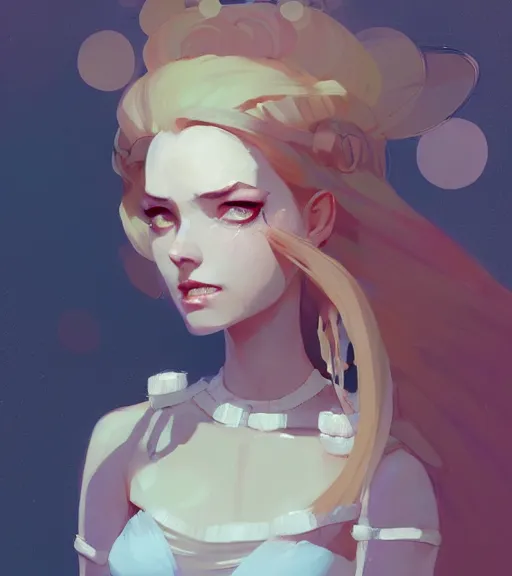 Image similar to portrait of a beautiful female fairy queen in complex and shiny dress by atey ghailan, by greg rutkowski, by greg tocchini, by james gilleard, by joe fenton, by kaethe butcher, dynamic lighting, gradient light blue, brown, blonde cream and white color scheme, grunge aesthetic