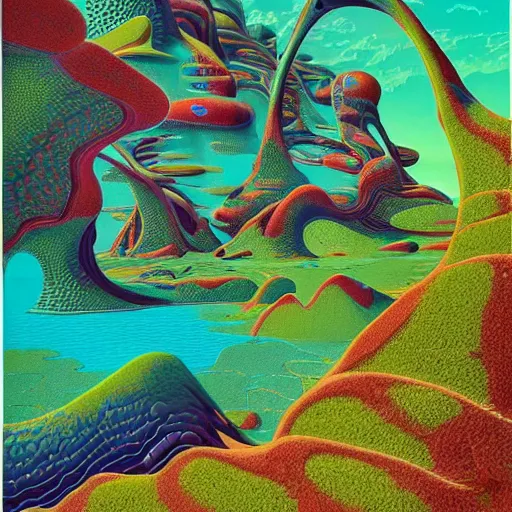 Image similar to striking colours vivid gaps holes neonothopanus creatures landscape art by roger dean, valley jagged arches, reflections, art by michael whelan, liquidart organic textures, seedpods, art by kilian eng, moebius artwork, futuristic by roger dean hires 8 k detailed natural textures