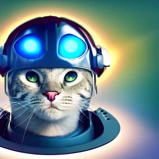 Image similar to futuristic sci fi kitty operating a mech, cat wearing helmet, sci fi helmet with visor, 4 k, 8 k, pixar style, bright colors, alien planet