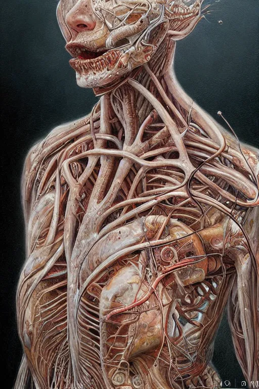 Prompt: Human heart, hyper-realistic oil painting, Body horror, biopunk, by Peter Gric, Marco Mazzoni