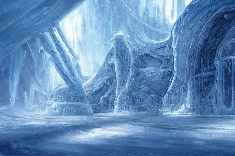 Image similar to “Alien ice palace architecture in frozen sea concept art painting by Das Eismeer”