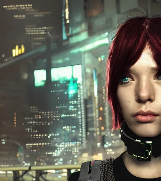 Image similar to detailed realistic female character cyberpunk wearing thick steel collar around neck, realistic, art, beautiful, 4K, collar, choker, collar around neck, punk, artstation, detailed, female, woman, choker, cyberpunk, neon, punk, collar, choker, collar around neck, thick collar, tight around neck, punk,