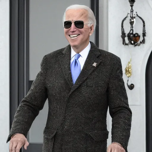 Prompt: joe biden wearing a tweed coat and pince - nez glasses, library