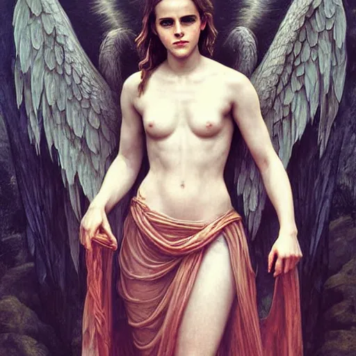 Prompt: emma watson as an angel standing in the front of gates of hell. angel is draped with bones. digital painting. art station. mood lighting. skindness, highly detailed, concept art, intricate, sharp focus, einar jonsson and bouguereau - h 1 2 0 0