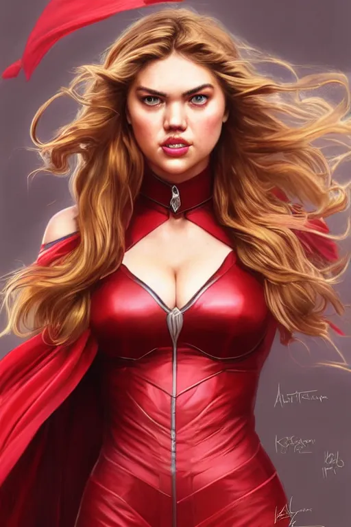Image similar to kate upton as scarlet witch, realistic portrait, symmetrical, highly detailed, digital painting, artstation, concept art, smooth, sharp focus, illustration, cinematic lighting, art by artgerm and greg rutkowski and alphonse mucha