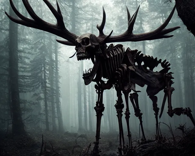 Image similar to 5 5 mm portrait photo of an armored demonic skeleton with antlers, in a magical forest. dark atmosphere. art by greg rutkowski. highly detailed 8 k. intricate. lifelike. soft light. nikon d 8 5 0.