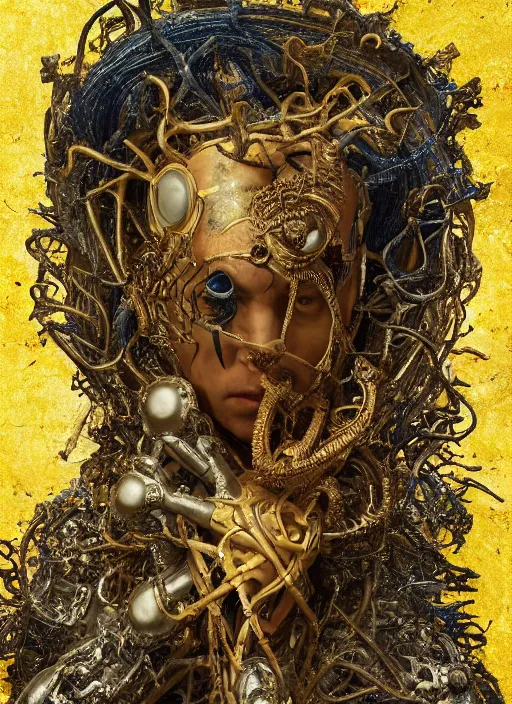 Prompt: portrait of king arthur knight medusa cyborg, kintsugi, modern fine art, fractal, intricate, elegant, highly detailed, digital photography, subsurface scattering, by jheronimus bosch and basquiat and greg rutkowski,