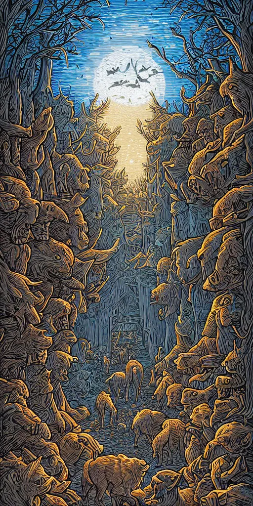 Prompt: wolves at the door by Dan Mumford