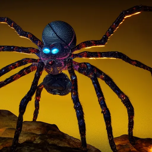 Prompt: highly detailed octane render of a giant spider with a thick carapace and a glowing neon abdomen in a cave full of crystals
