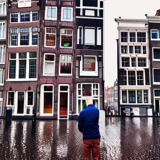 Image similar to man taking beautiful pictures with his cell phone in amsterdam on a light rainy day, photorealistic, dynamic light, ultra detailed