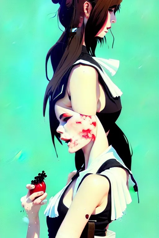 Image similar to a ultradetailed portrait painting of a stylish woman wearing french maid outfit, by conrad roset, greg rutkowski and makoto shinkai trending on artstation