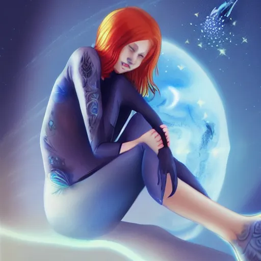 Prompt: portrait of a beautiful tattooed redhead woman sitting, carrying a laser gun, a planet in the background. blue tight dress, light iridescent hair color, long windy hair style, fantasy, realistic, intricate, sharp focus, lens flare, bloom, rim light, illustration, highly detailed, digital painting, concept art, matte, art by ruan jia