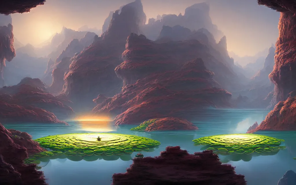 Prompt: a beautiful highly detailed matte painting of an alien planet with giant lotus flower in a lake surrounded by a canyon and rocks. by Jose Daniel Cabrera Pena and Leonid Kozienko, Noah Bradley concept art