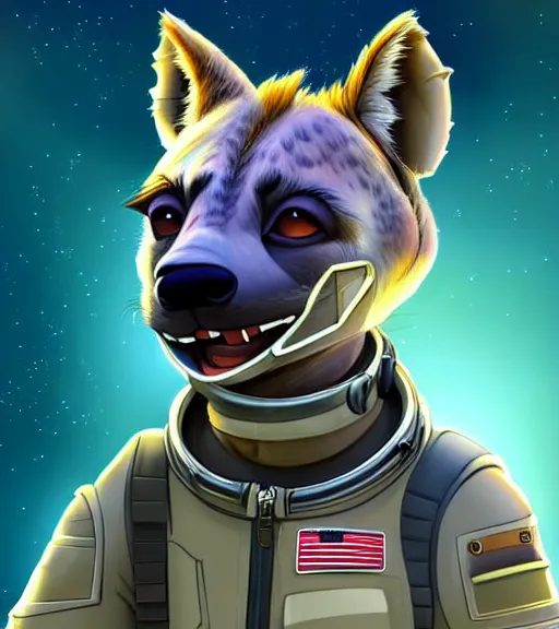 Prompt: digital detailed art of furry female hyena, in style of zootopia, fursona, furry, furaffinity, 4 k, deviantart, wearing astronaut outfit, in style of disney zootopia, floating in space, space background, hyena fursona, cyberpunk, female, detailed face, style of artgerm,