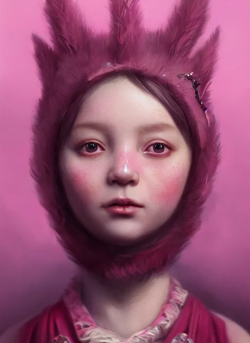 Image similar to A fancy portrait of a small creature in pink by Greg Rutkowski, Sung Choi, Mitchell Mohrhauser, Maciej Kuciara, Johnson Ting, Maxim Verehin, Peter Konig, Bloodborne, 8k photorealistic, cinematic lighting, HD, high details, dramatic, atmospheric , trending on artstation