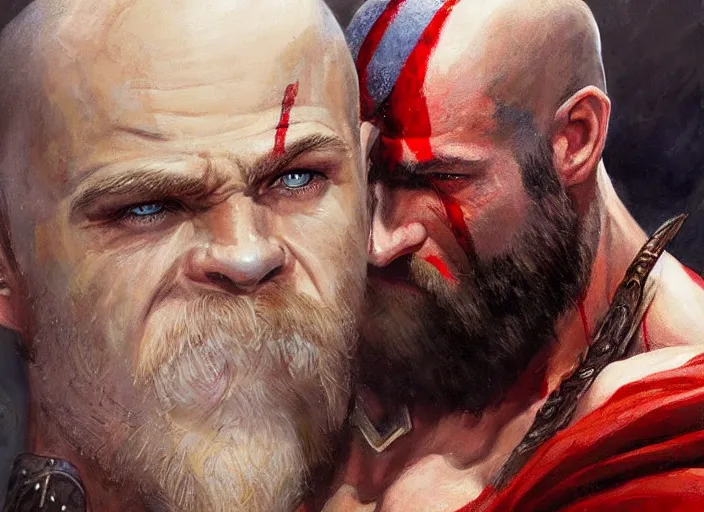 Image similar to a highly detailed beautiful portrait of chris hemsworth as kratos, by gregory manchess, james gurney, james jean