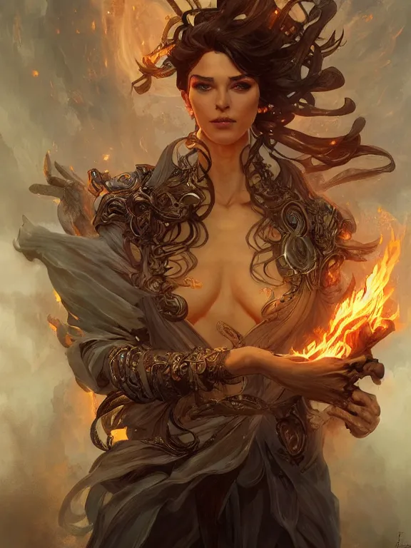 Prompt: powerful summoner with a fire elemental, fantasy, man, intricate, elegant, highly detailed, digital painting, artstation, concept art, wallpaper, smooth, sharp focus, illustration, art by artgerm and greg rutkowski and alphonse mucha