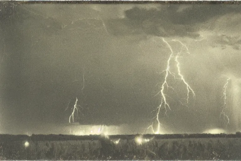 Image similar to dark old polaroid of an lightning strike hitting a corn field during a thunderstorm, pictorialism, desolate