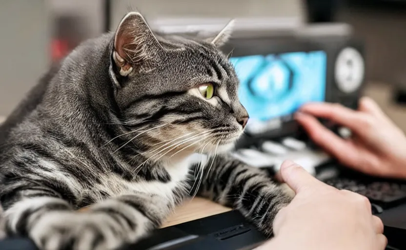 Image similar to a cat using a gaming computer, realistic