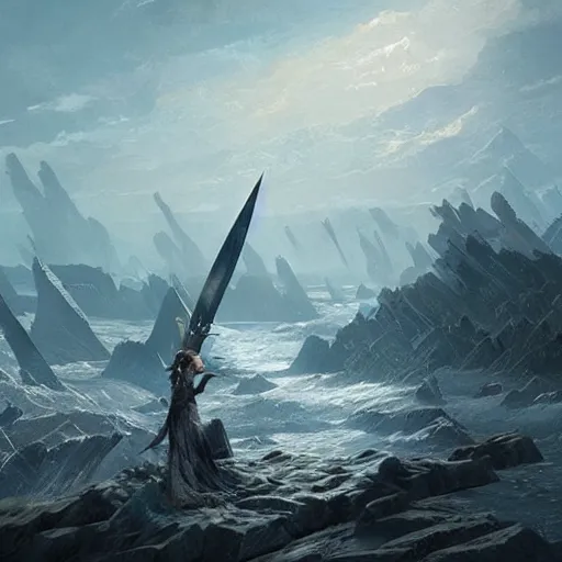 Image similar to a windswept legendary epic landscape resembling the ace of swords tarot card!! by greg rutkowski, painterly style, highly detailed