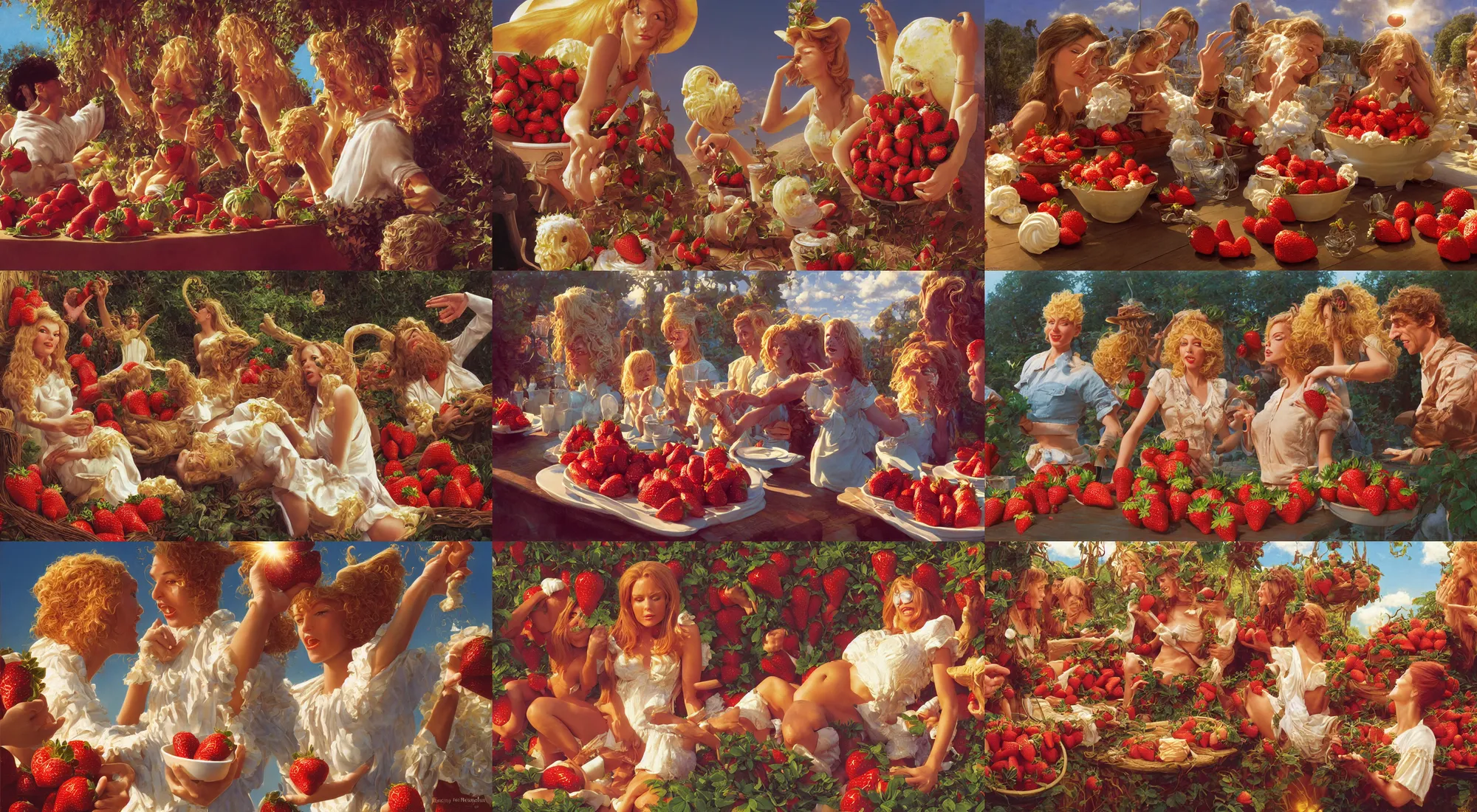 Prompt: strawberries, whipped cream, golden hour, 1 9 7 0, greg hildebrandt, ralph horsley, john howe, victor nizovtsev, steve argyle, mark arian, karol bak, daniel f. gerhartz, mary jane ansell