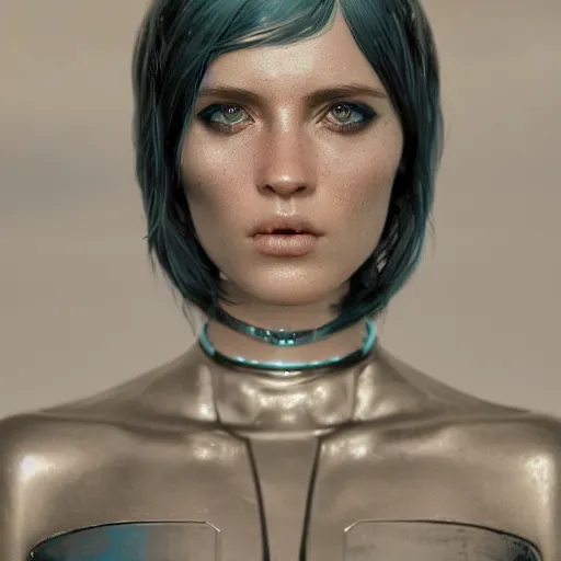 Image similar to space girl, 8 k uhd, unreal engine, reflected chrome, octane render in the artstyle of greg rutkowski tom bagshaw, unreal engine 5, highly detailed face, true anatomy!, extremely detailed!, fishnets, dystopian, details visible, octane render
