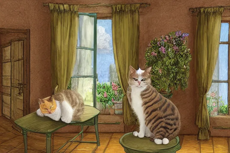 Image similar to a very very very very detailed digital art of Cute singular Cat in Provence style Room,