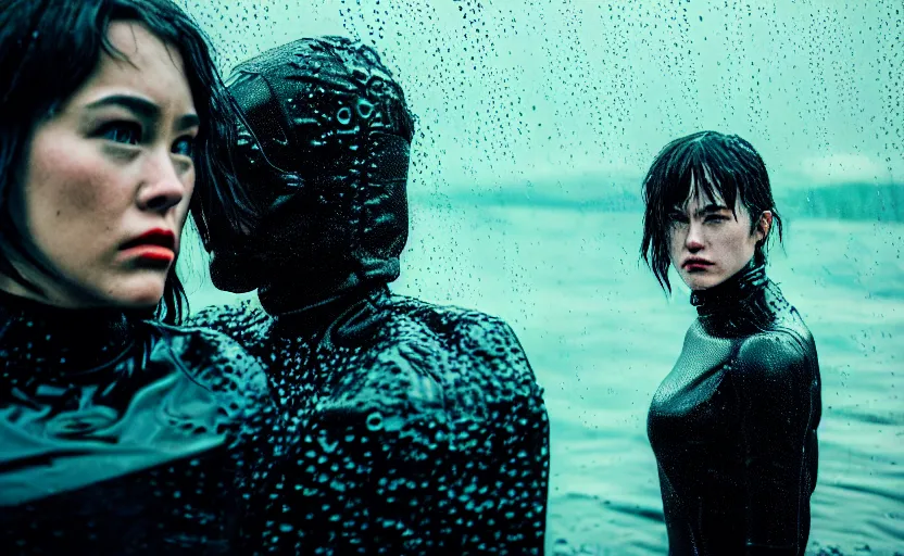 Image similar to cinestill 5 0 d candid action photographic portrait by quentin tarantino of two loving female androids wearing rugged black mesh techwear in treacherous waters, extreme closeup, modern cyberpunk retrofuturism moody emotional cinematic, pouring iridescent rain, 8 k, hd, high resolution, 3 5 mm, f / 3 2, motion blur, ultra realistic faces, ex machina