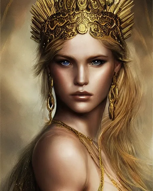 Image similar to tattoo sketch of hot blonde super model as aphrodite greek goddess wearing a gold laurel wreath and triangle earrings, beautiful piercing gaze with sharp pupils, in the style of greg rutkowski, fantasy, amazing detail, epic, elegant, smooth, sharp focus, front view