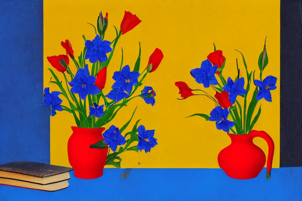 Prompt: red book and yellow vase with blue flowers, photo