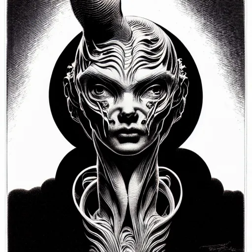 Image similar to medium portrait soft light, by bernie wrightson and joe fenton, inspired by ceramic robots mythology, etching, fine, sharp high detail, duotone screen print,