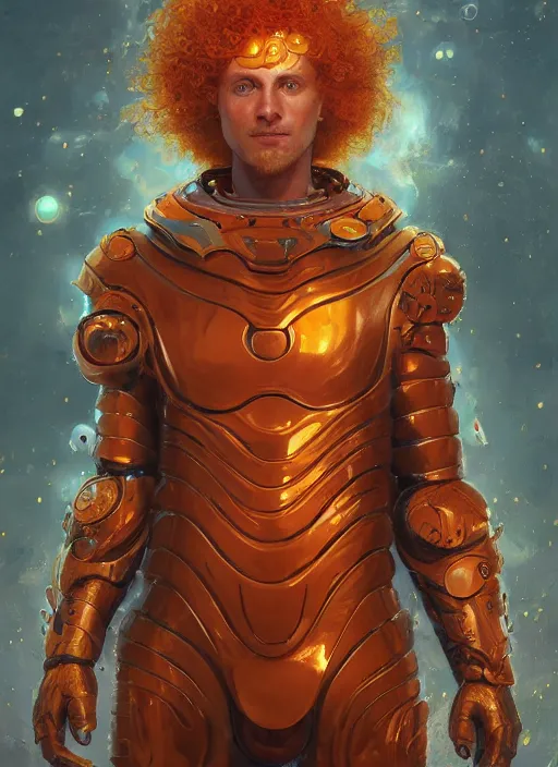 Prompt: masterpiece artwork of a curly orange hair man with cosmic armor, au naturel, hyper detailed, digital art, trending in artstation, cinematic lighting, studio quality, smooth render, unreal engine 5 rendered, octane rendered, art style by klimt and nixeu and ian sprigger and wlop and krenz cushart