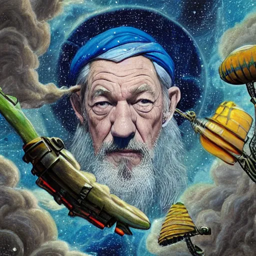 Prompt: painting of ian mckellen as osama bin laden fighting an alien invasion in deep space by creatures from jupiter, arial shot, highly detailed, award painting, 8 k, alien landscape