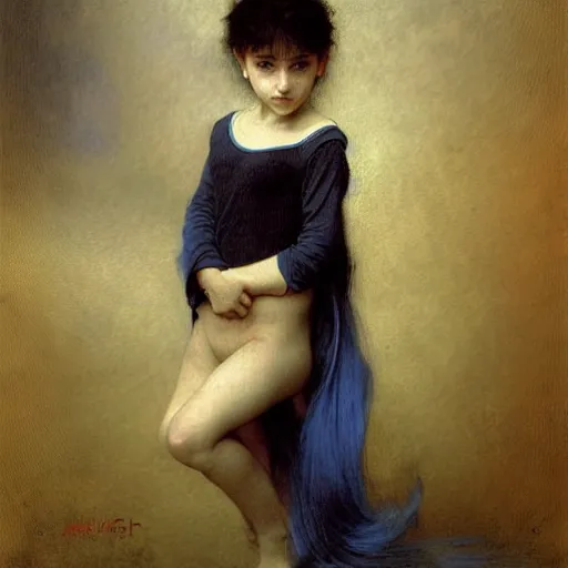 Image similar to little angry girl with blue hair. By Bouguereau. Ruan Jia. Ayami Kojima. Masterpiece