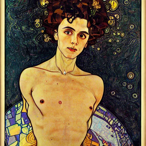 Image similar to transcendential consciousness, contrapposto, egon schiele, gustav klimt, alphonse mucha, retro futurism