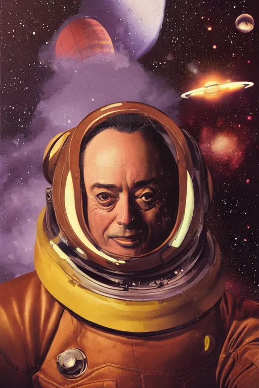 Image similar to portrait of an obese udo kier wearing leather spacesuit, nebula space background and spaceship, illustration by normal rockwell and jacob collins, artstation character art, john berkey, greg rutkowski