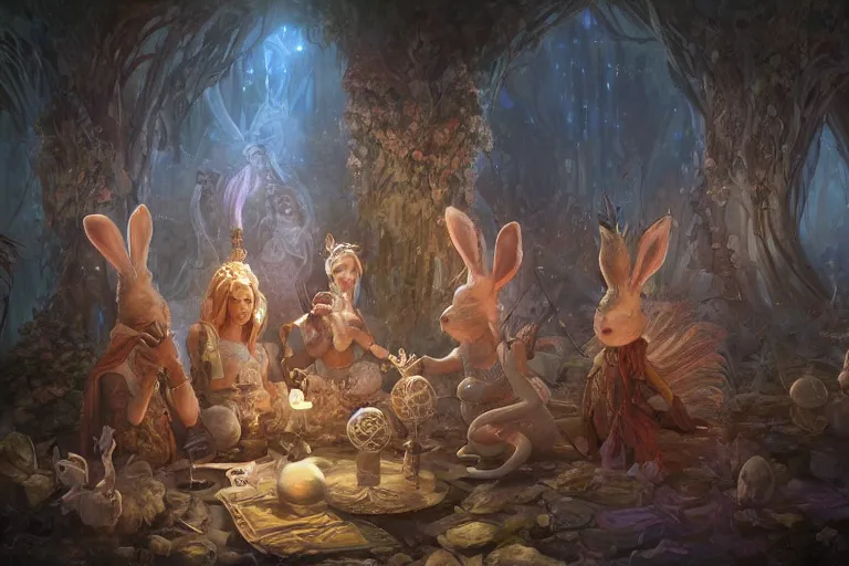 Image similar to the muses. sacred singers they who took up the strings of the deep, and turned the cacophony of an angry world into songs of unity and peace. there's a feathered bunny audience. morning lighting, cinematic fantasy painting, dungeons and dragons, jessica rossier and brian froud