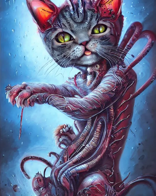 Image similar to a cute bloody kitty cat, by antonio j. manzanedo, giger, alex grey, android jones, wayne barlowe, philippe druillet, raymond swanland, cyril rolando, josephine wall, harumi hironaka, trending on artstation