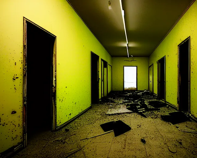 Prompt: the backrooms, the eerie forlorn atmosphere of a place that's usually bustling with people but is now abandoned and quiet, walls with tone of yellow, buzzing fluorescent lights above the ceiling, unsettling images, liminal space, dark