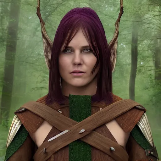 Prompt: anya charlota as a medieval fantasy wood elf, dark purplish hair tucked behind ears, wearing a green tunic with a fur lined collar and brown leather armor, stocky, muscular build, scar across nose, one black, scaled arm, cinematic, character art, digital art, forest background, realistic. 4 k